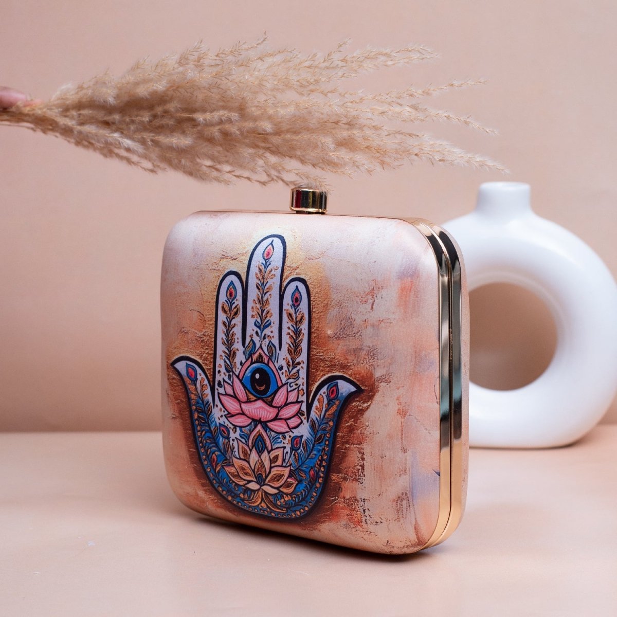 Artklim Beige Based Hamsa Hand Printed Clutch