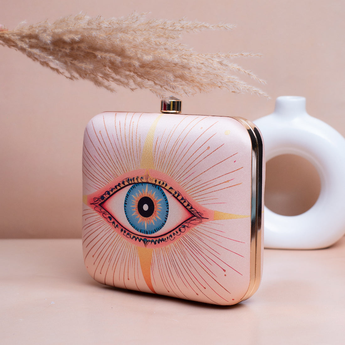 Artklim Beige Based Evil Eye Printed Clutch