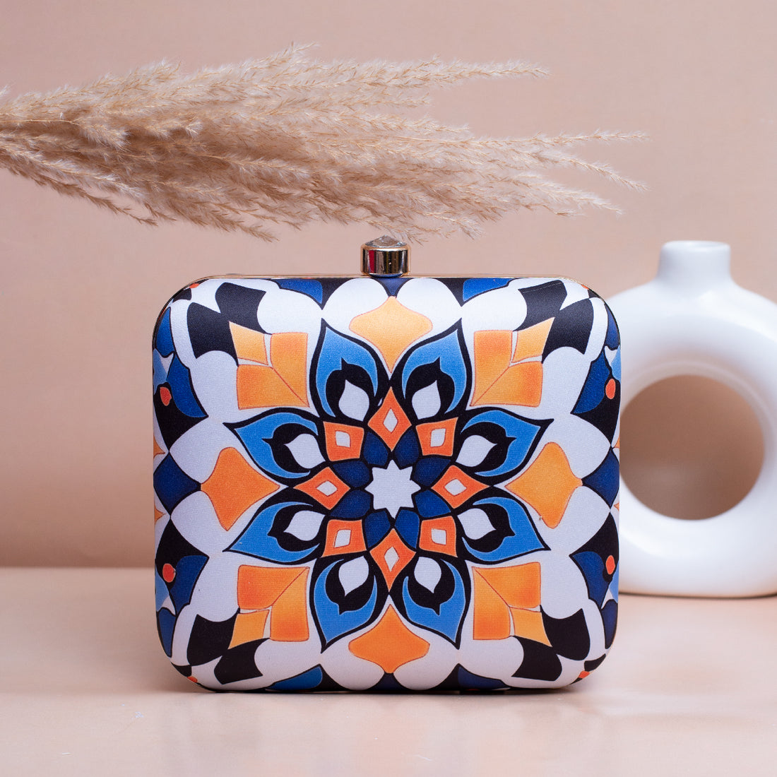 Artklim White Based Mandala Art Printed Clutch