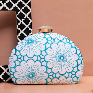 White And Blue Floral Threadwork Fabric Clutch