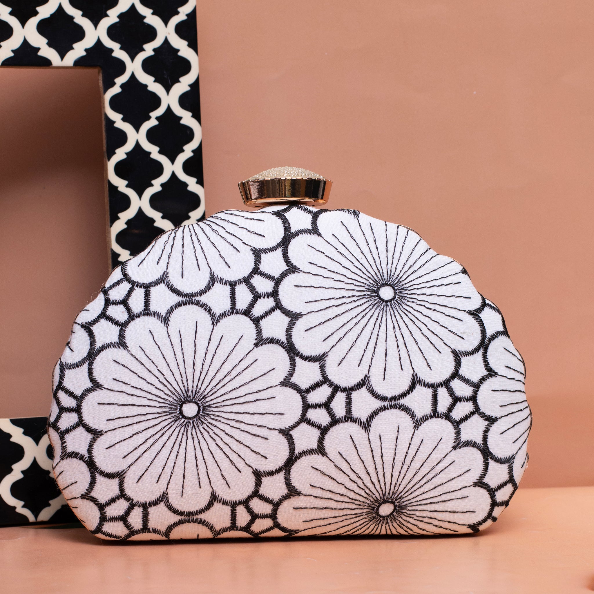 White And Grey Floral Embroidery Fabric Clutch