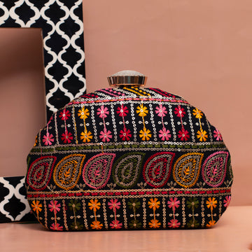 Black Thread And Sequins Embroidery Party Clutch