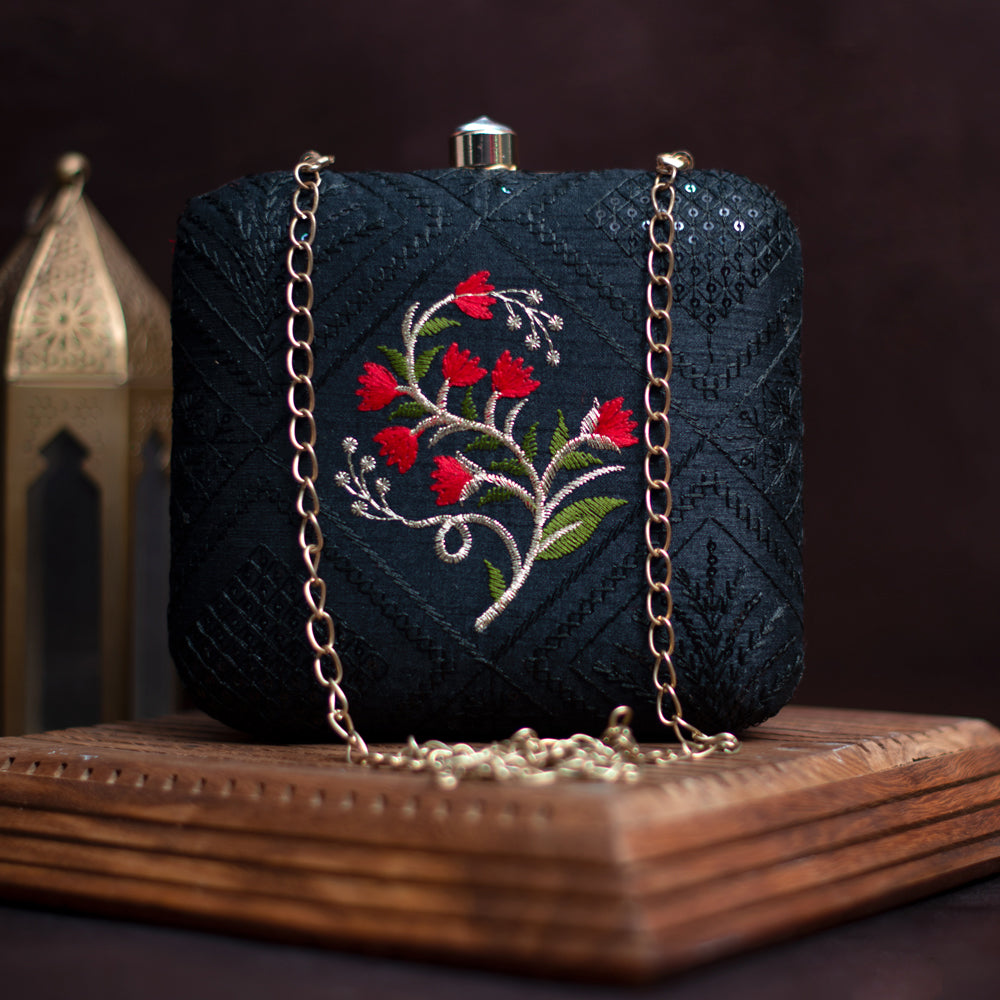 Artklim Black And Red Floral Embroidery Clutch