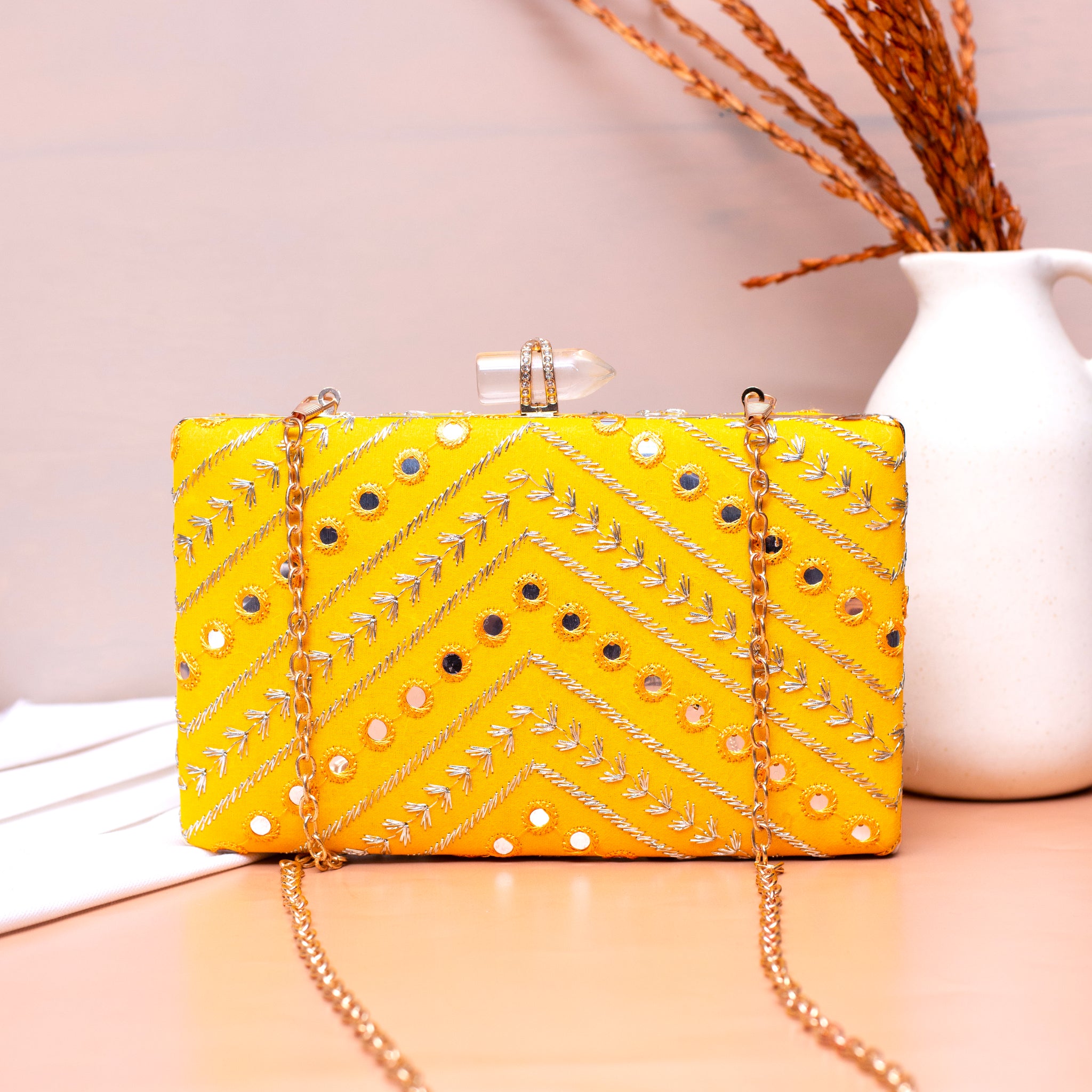 Yellow Sequins Embroidery Party Clutch