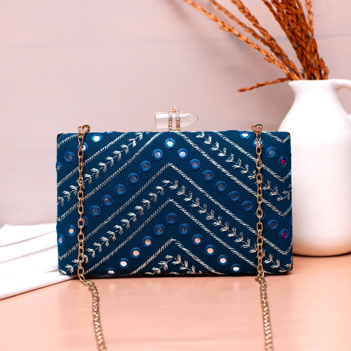 Blue Sequins Embroidery Party Clutch