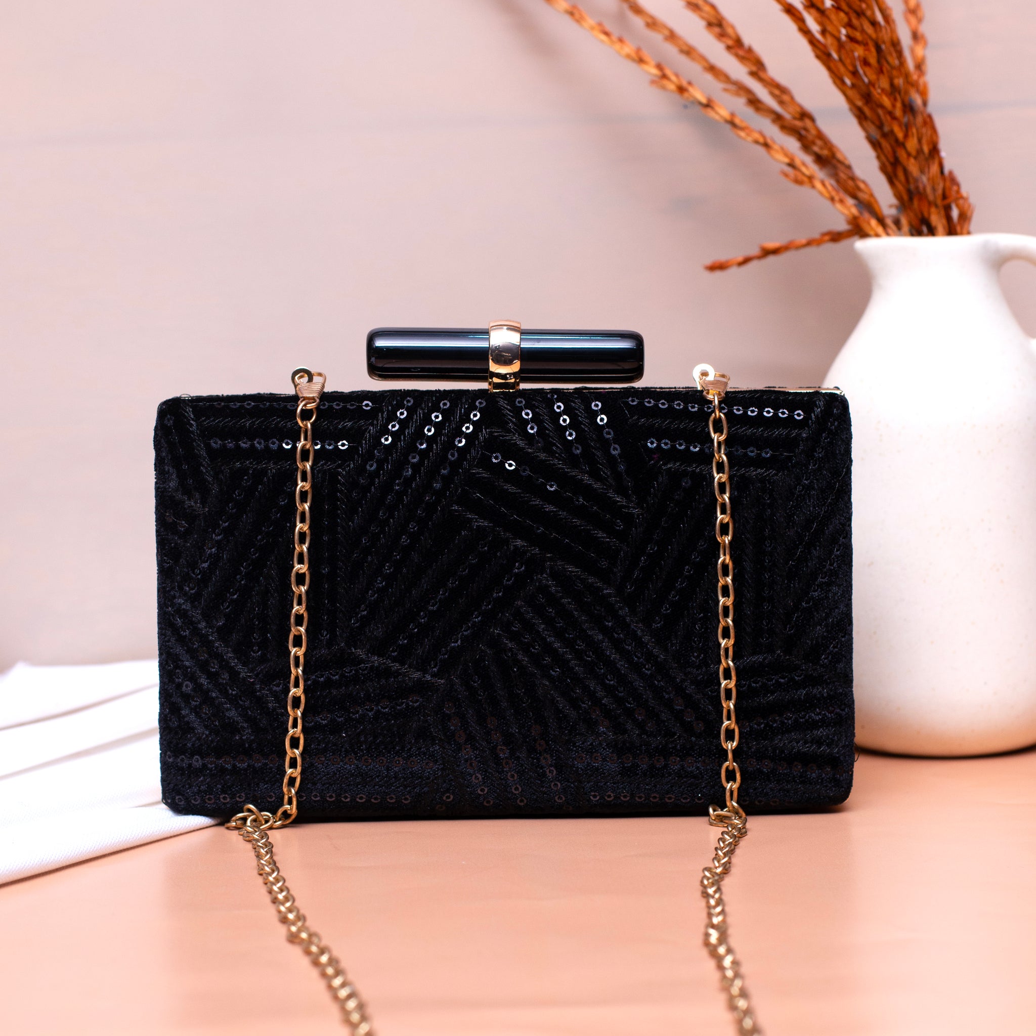 Black Sequins And Thread Embroidery Party Clutch