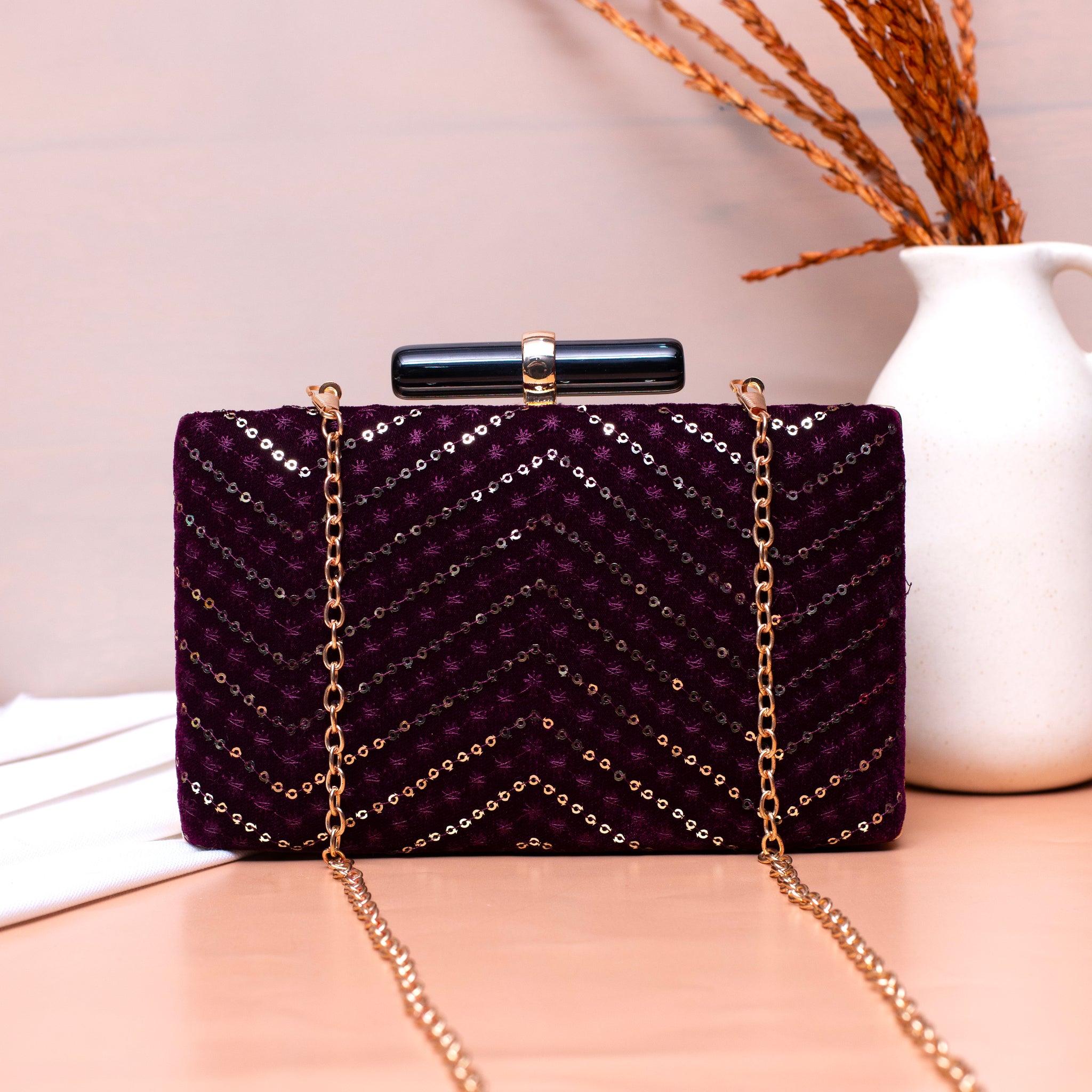 Wine Sequins Embroidery Party Clutch