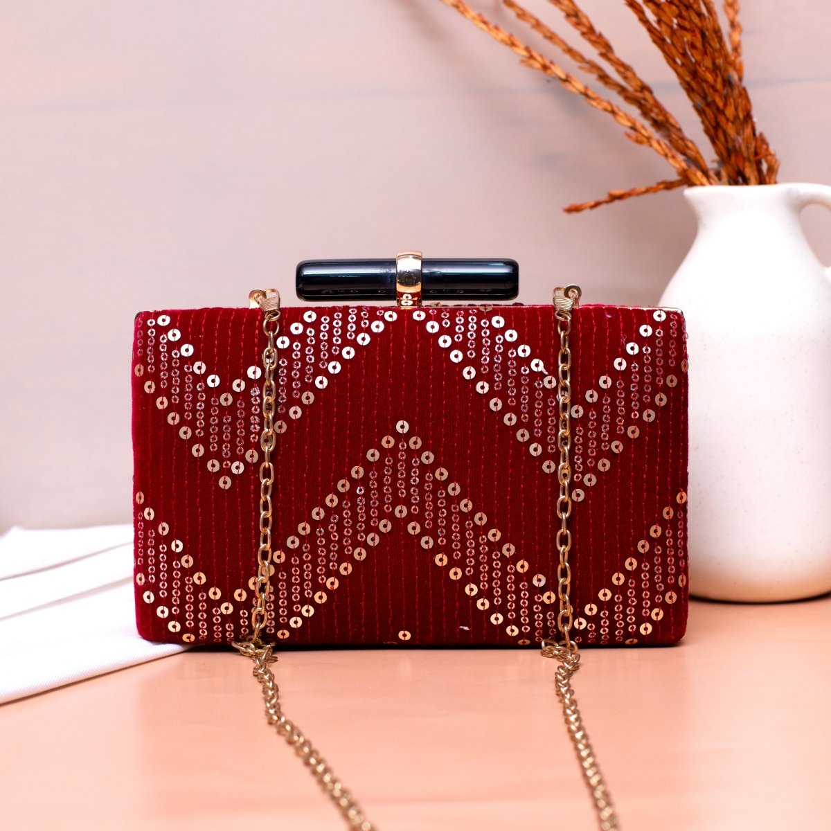 Maroon Zigzag Sequins Embroidery Party Clutch
