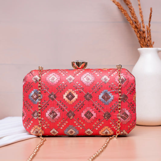 Red Sequins Rectangle Embroidery Clutch