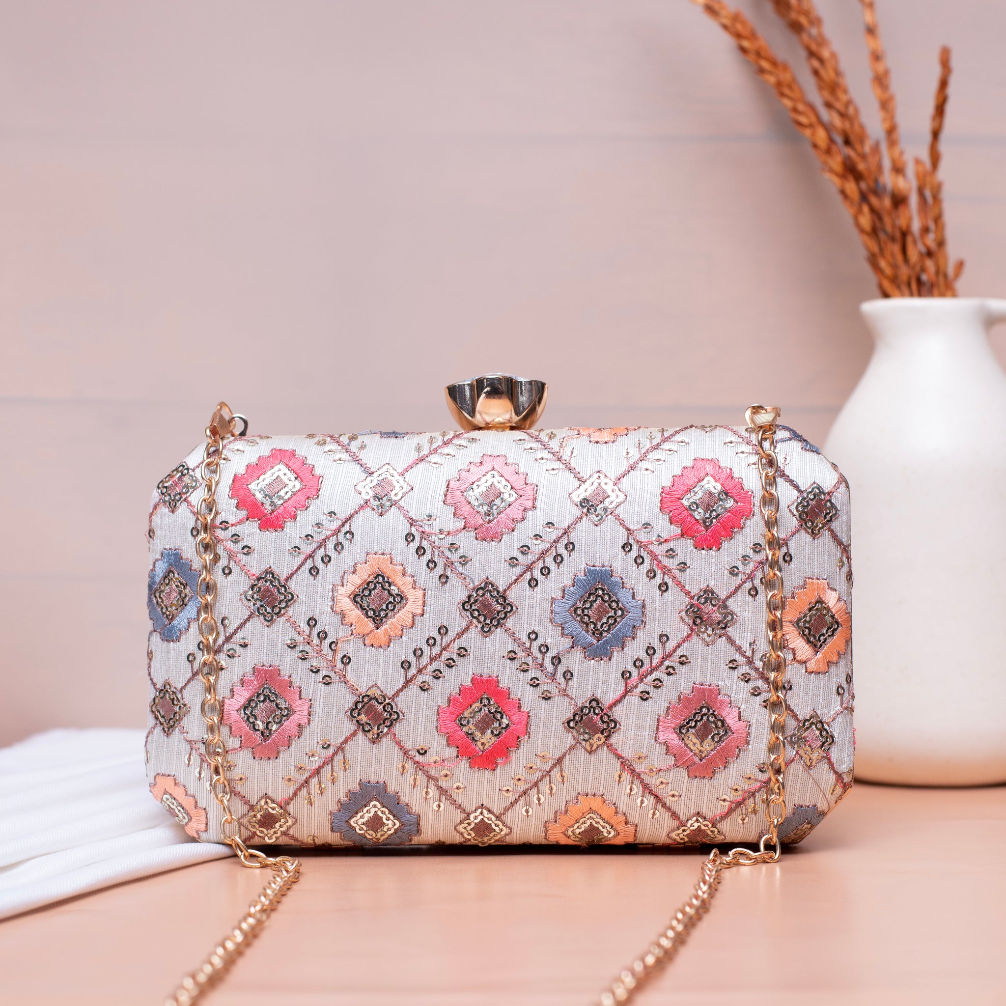 White Sequins Rectangle Embroidery Clutch