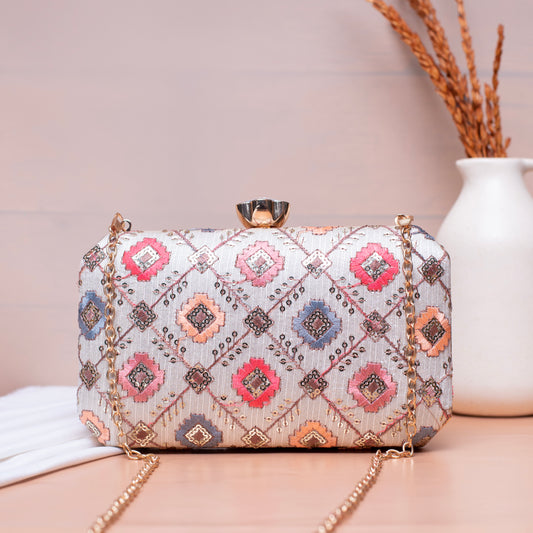 White Sequins Rectangle Embroidery Clutch