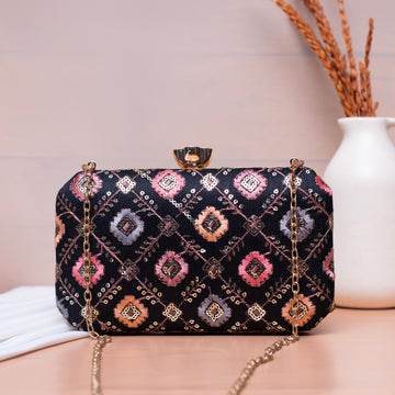 Black Sequins Multicolor Embroidery Clutch