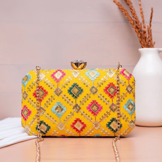 Yellow Sequins Rectangle Embroidery Clutch