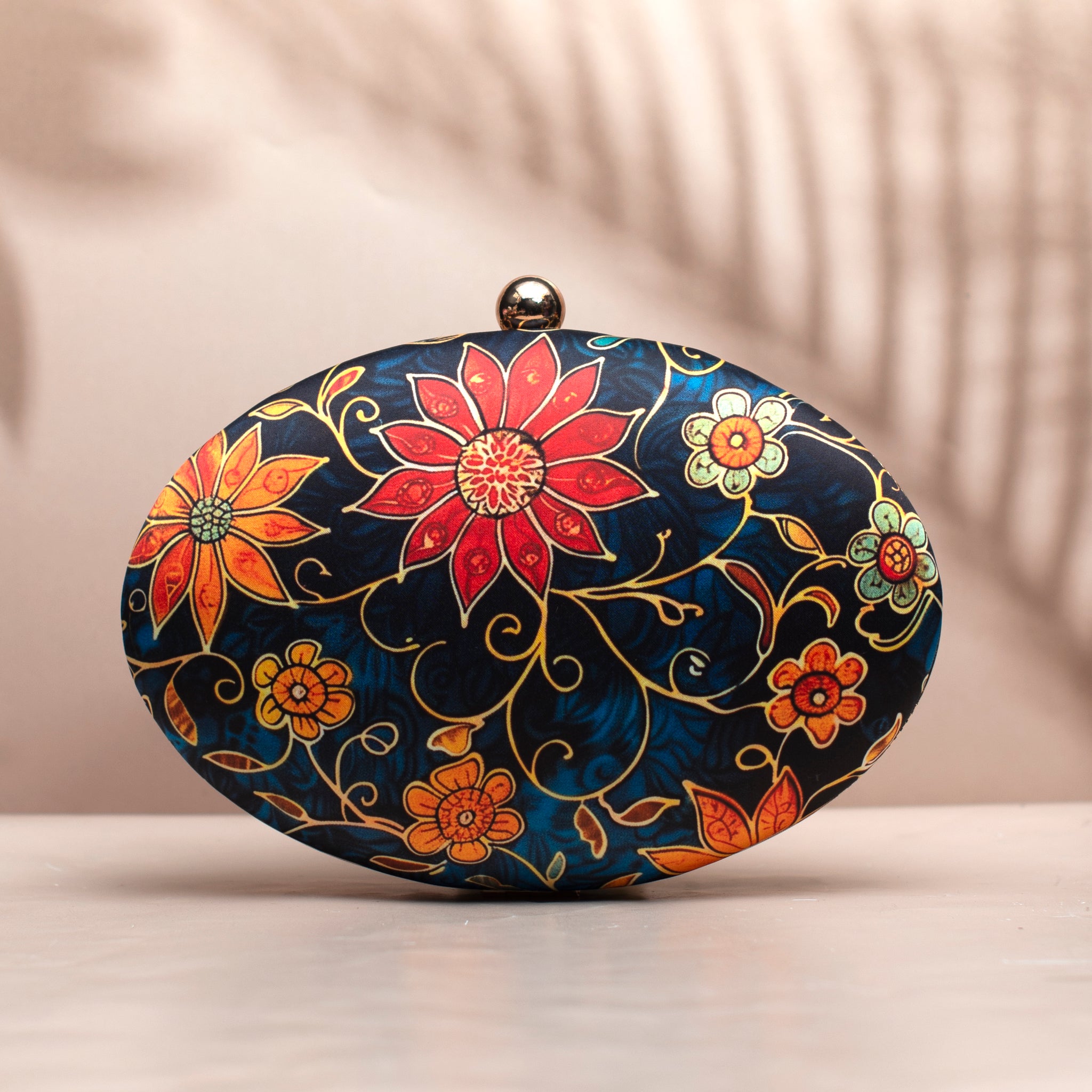 Blue And Orange Floral Printed Oval Clutch