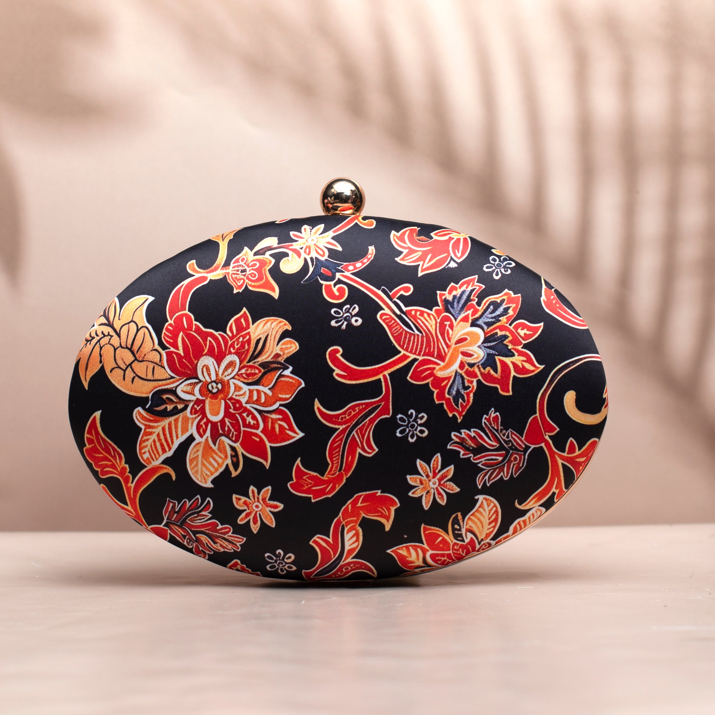 Black And Red Floral Printed Oval Clutch