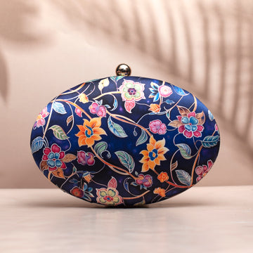 Blue Floral Printed Oval Clutch