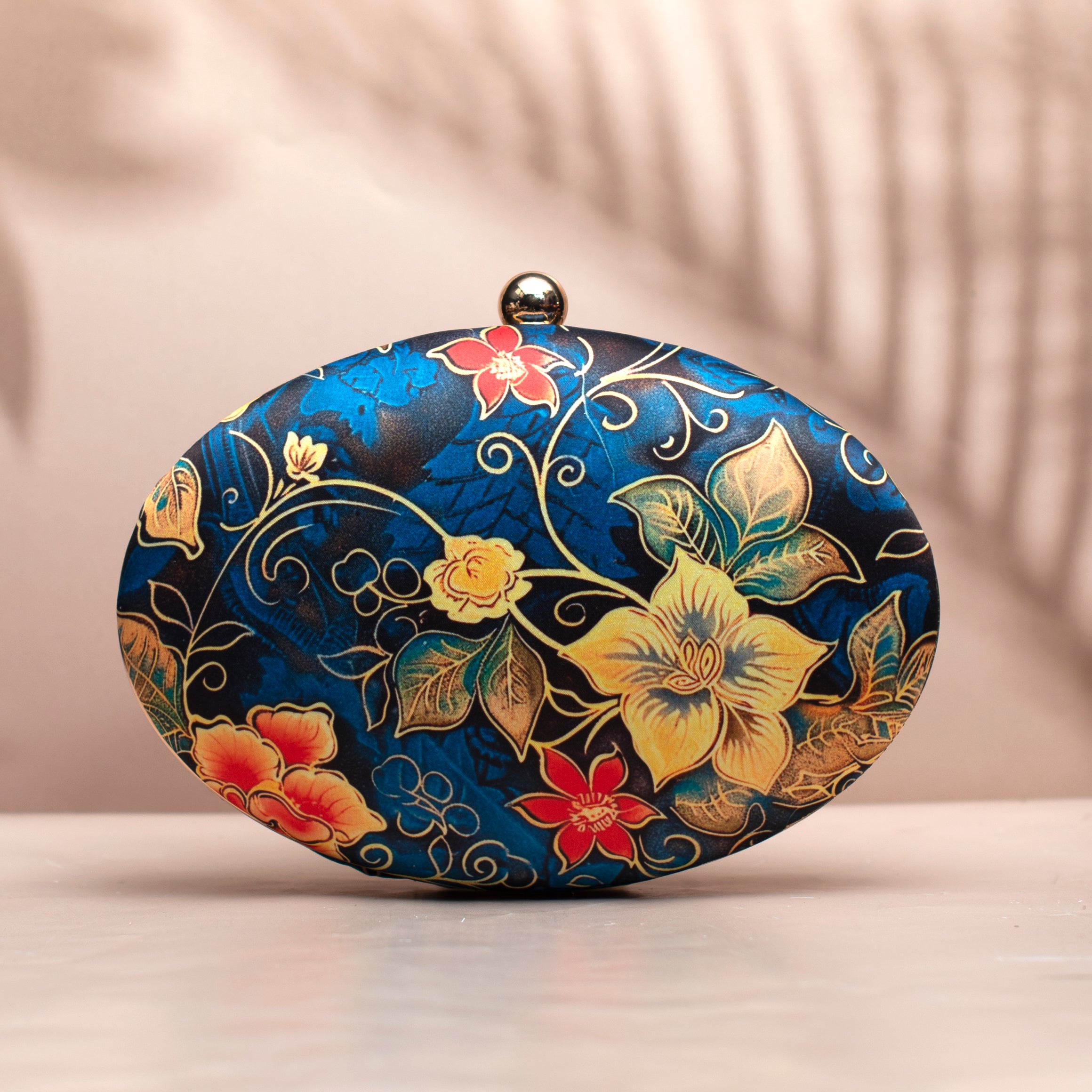 Blue And Yellow Floral Printed Oval Clutch