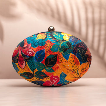 Multicolor Batik Leaves Printed Oval Clutch