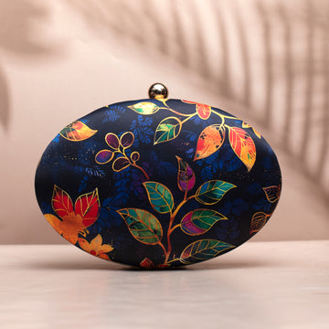 Blue Batik Leaves Print Oval Clutch