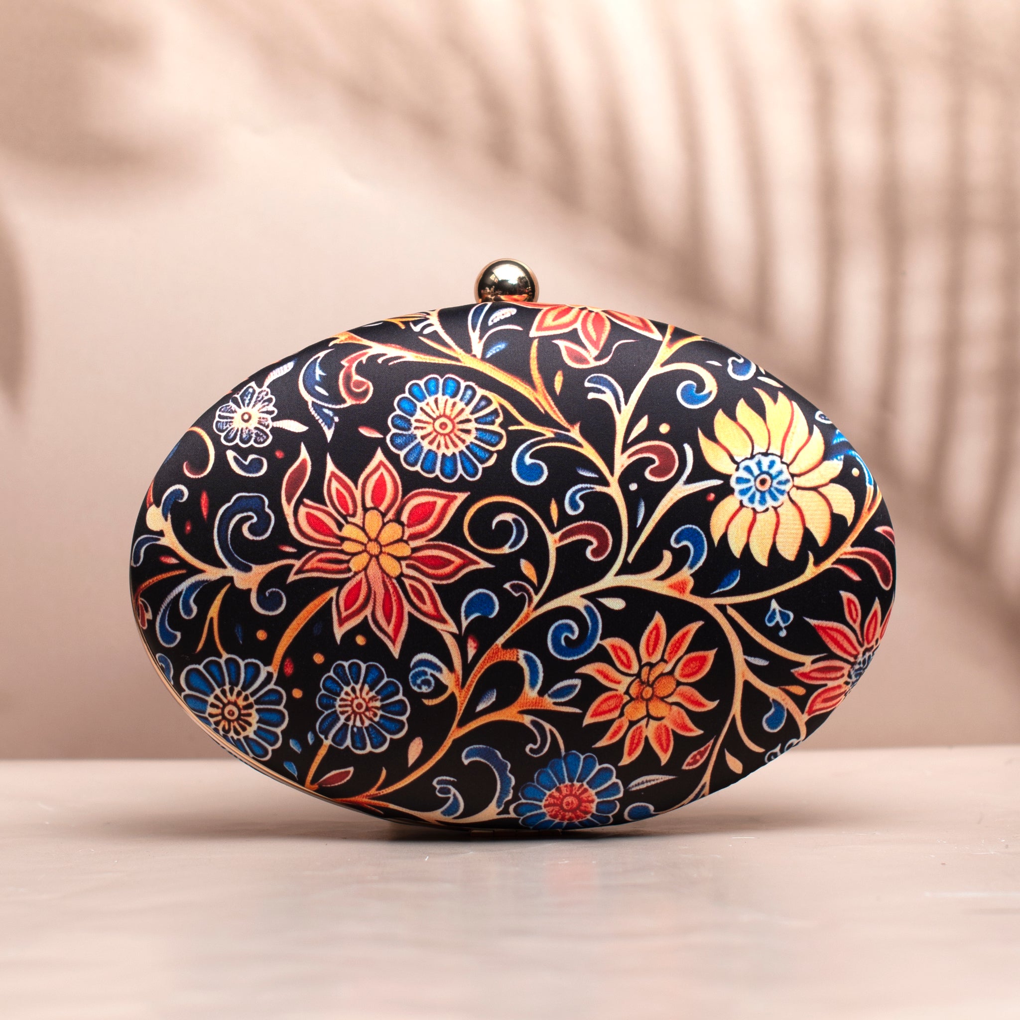 Black Floral Batik Print Oval Clutch