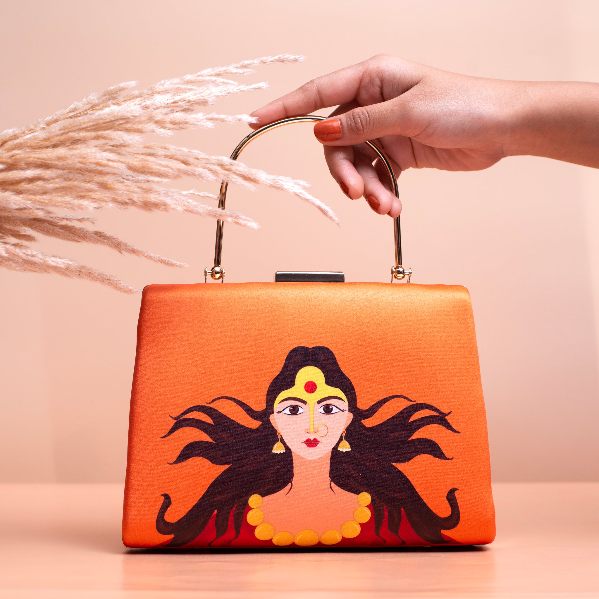 Orange Durga Printed  Clutch