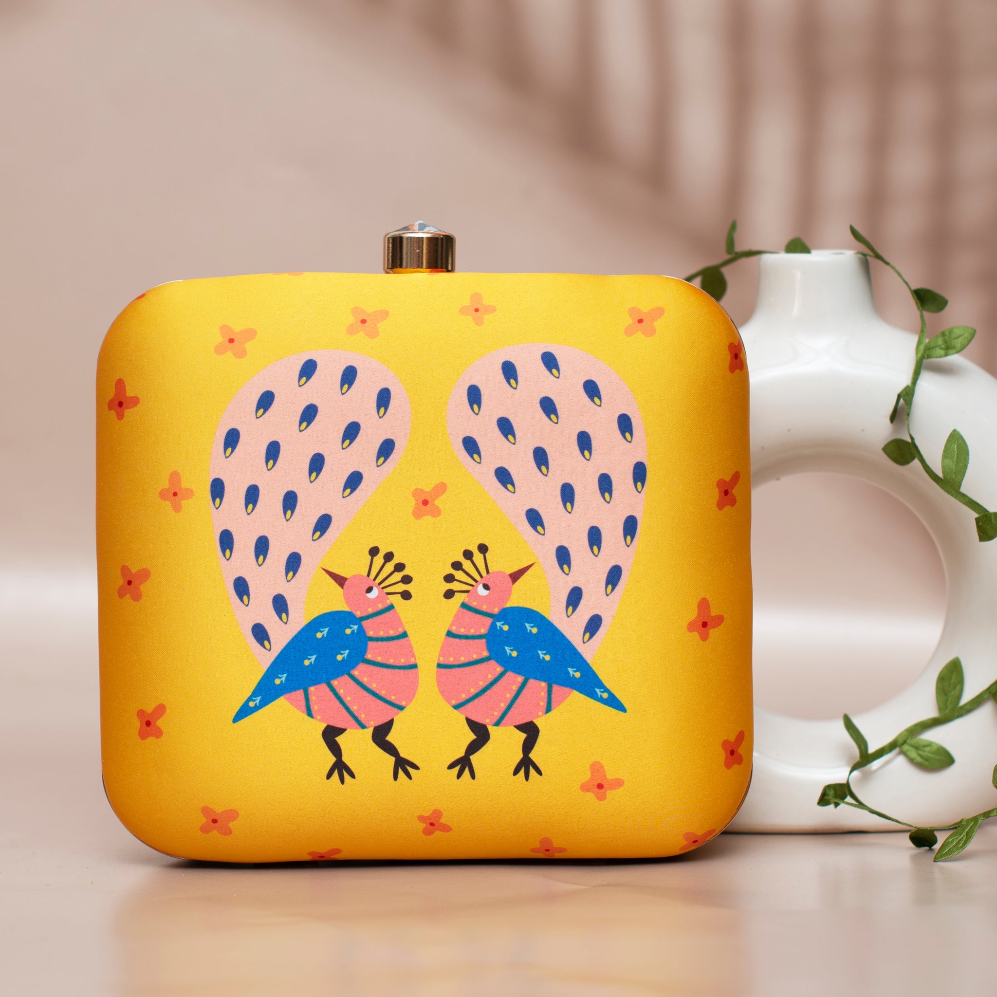 Two Birds Yellow Printed Clutch