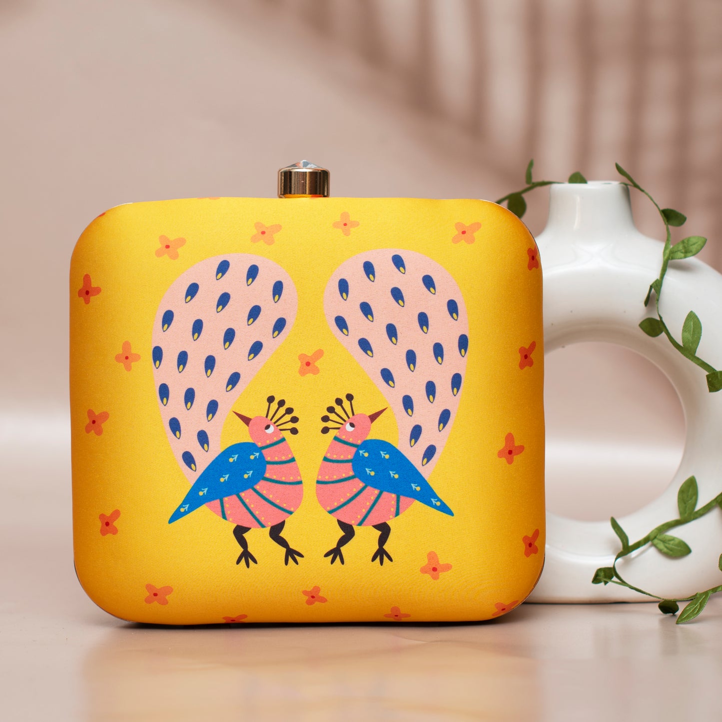 Two Birds Yellow Printed Clutch