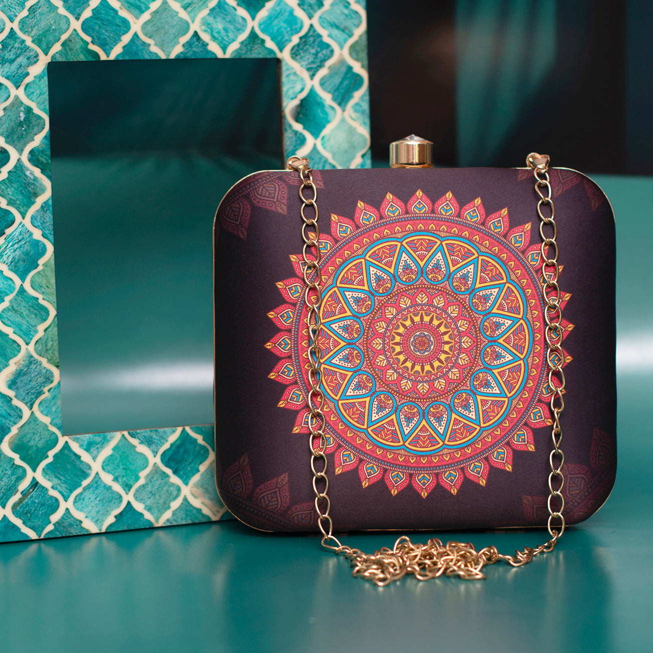 Pink-Blue Mandala Print Clutch