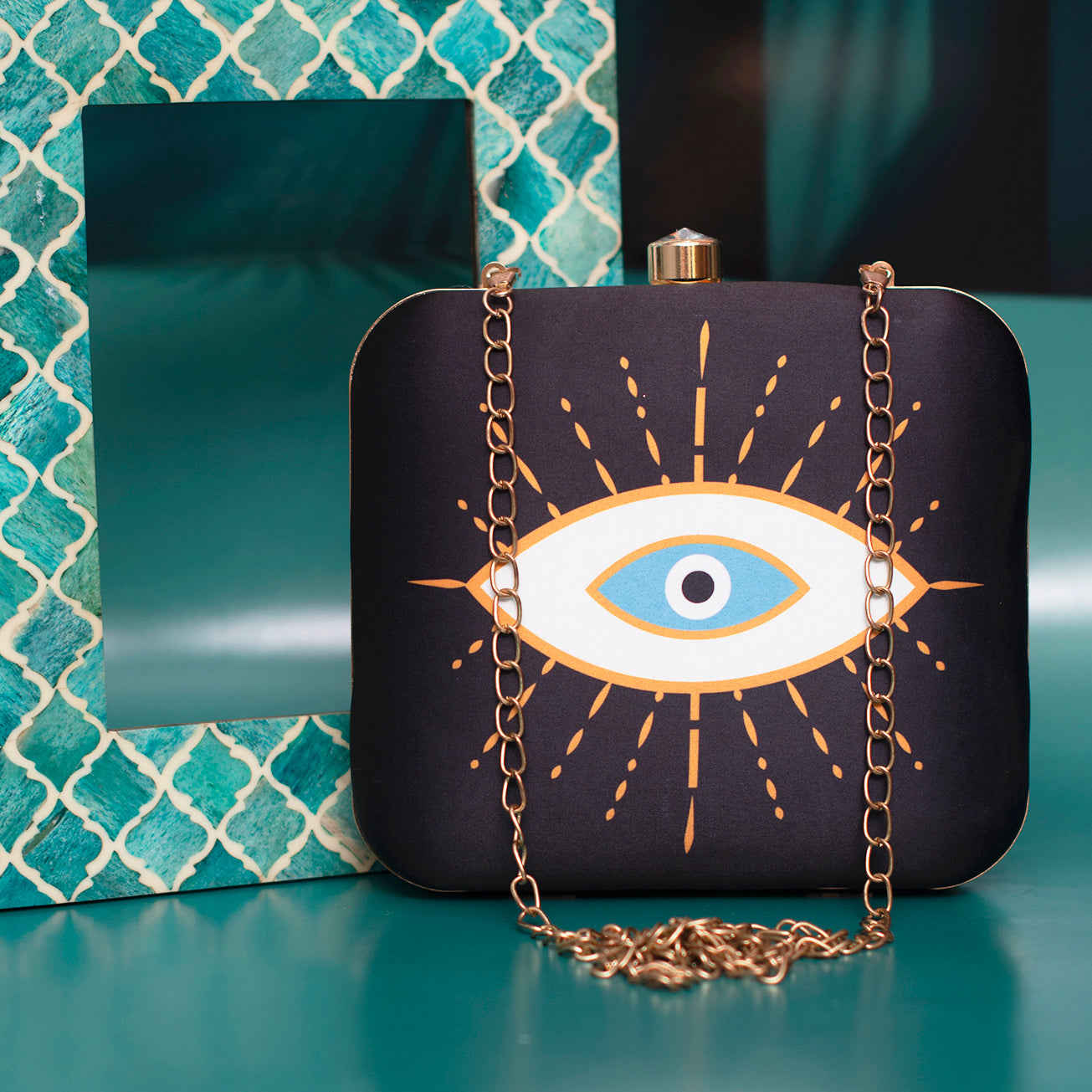 Orange-White Evil Eye Printed Clutch