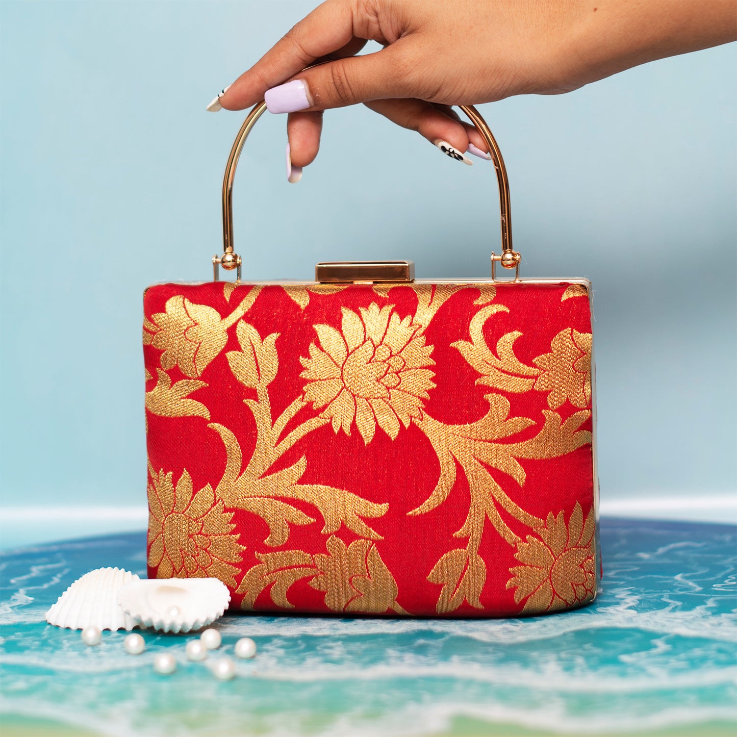 Red Floral Embroidered Clutch
