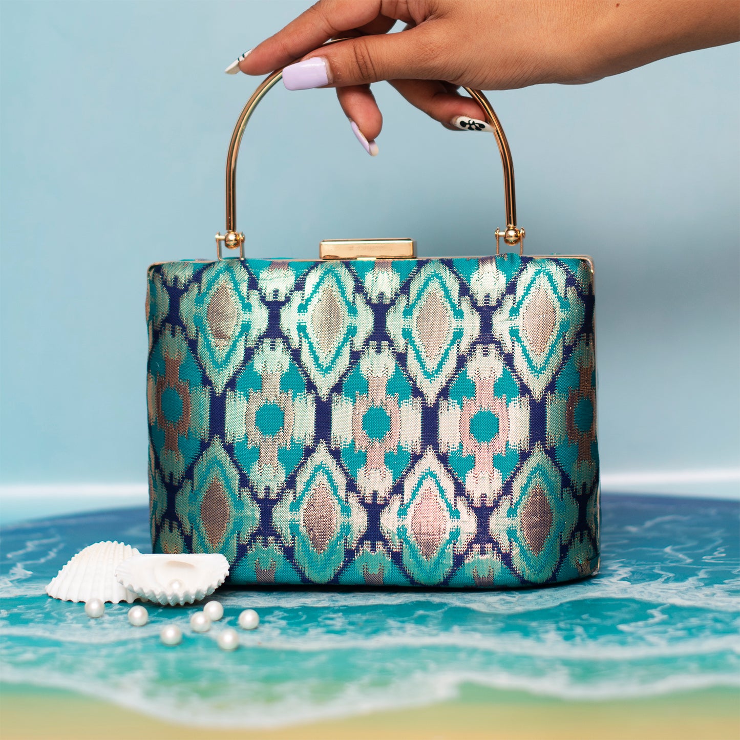 Blue Pattern Embroidered Clutch