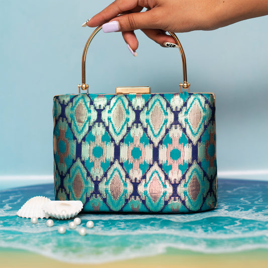 Blue Pattern Embroidered Clutch