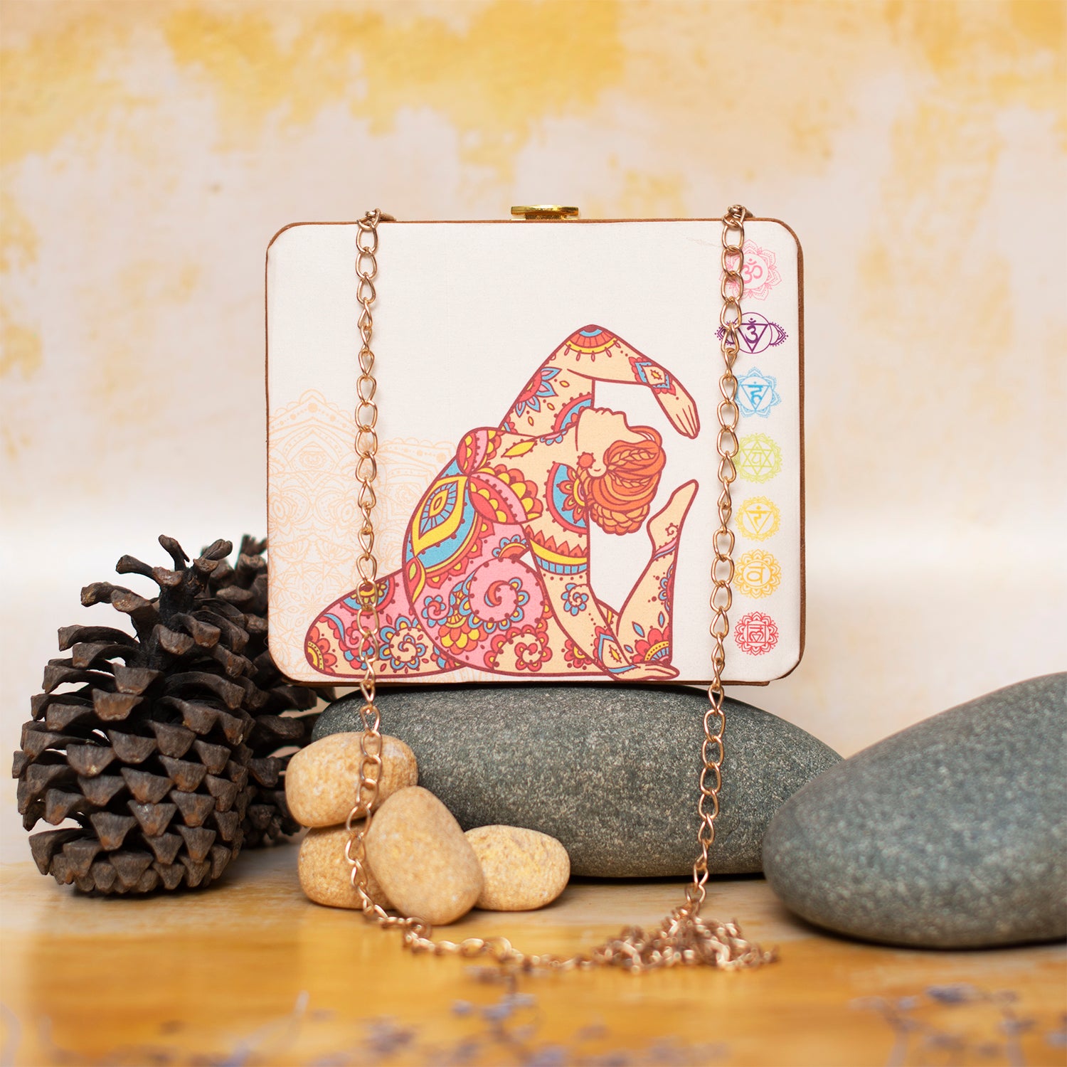 Beige Based Yoga Girl With Seven Chakras Printed Clutch