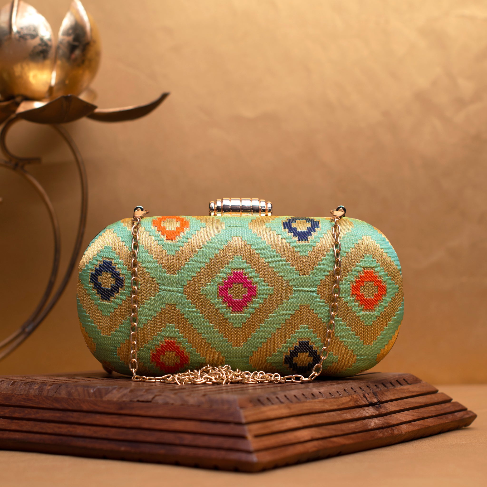 Green And Golden Brocade Fabric Clutch