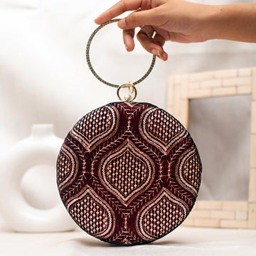 Maroon And Golden Sequins Embroidery Round Clutch