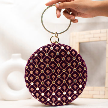 Maroon Mirror Sequins Embroidery Round Clutch