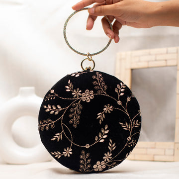 Black And Golden Floral Embroidery Round Clutch