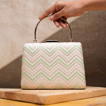 White And Green Zigzag Embroidery Clutch