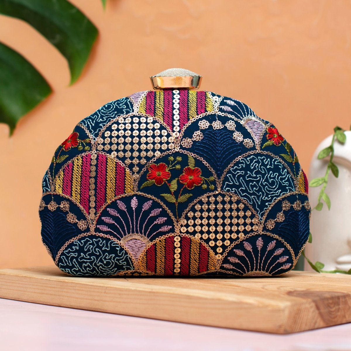 Blue Sequins Embroidery Half Moon Clutch