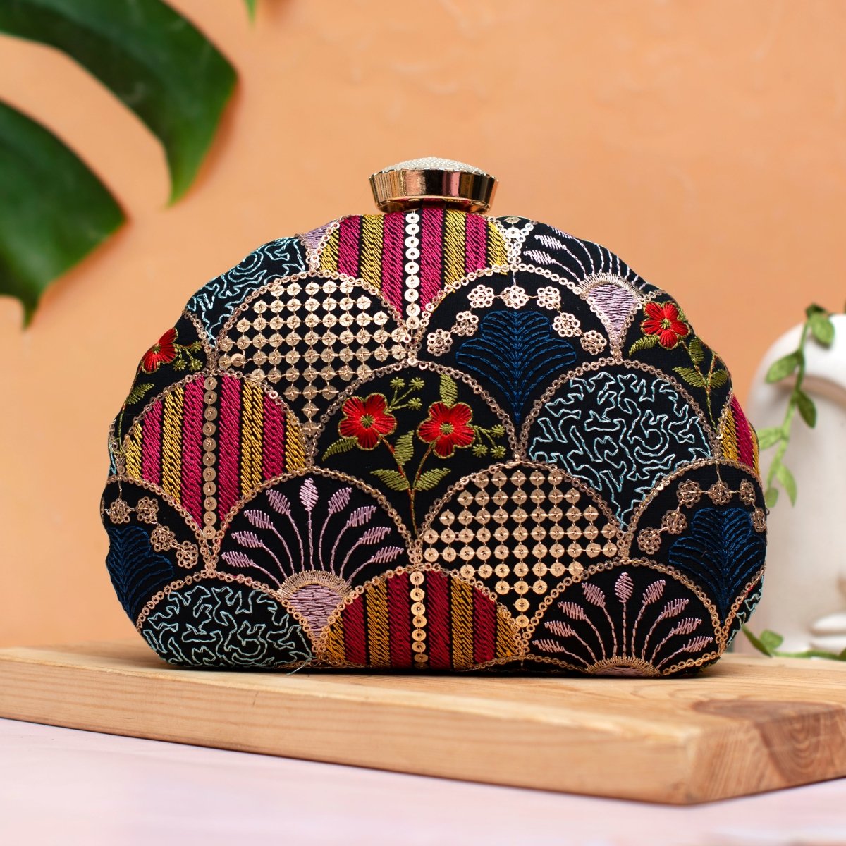 Black Sequins Embroidery Half Moon Clutch