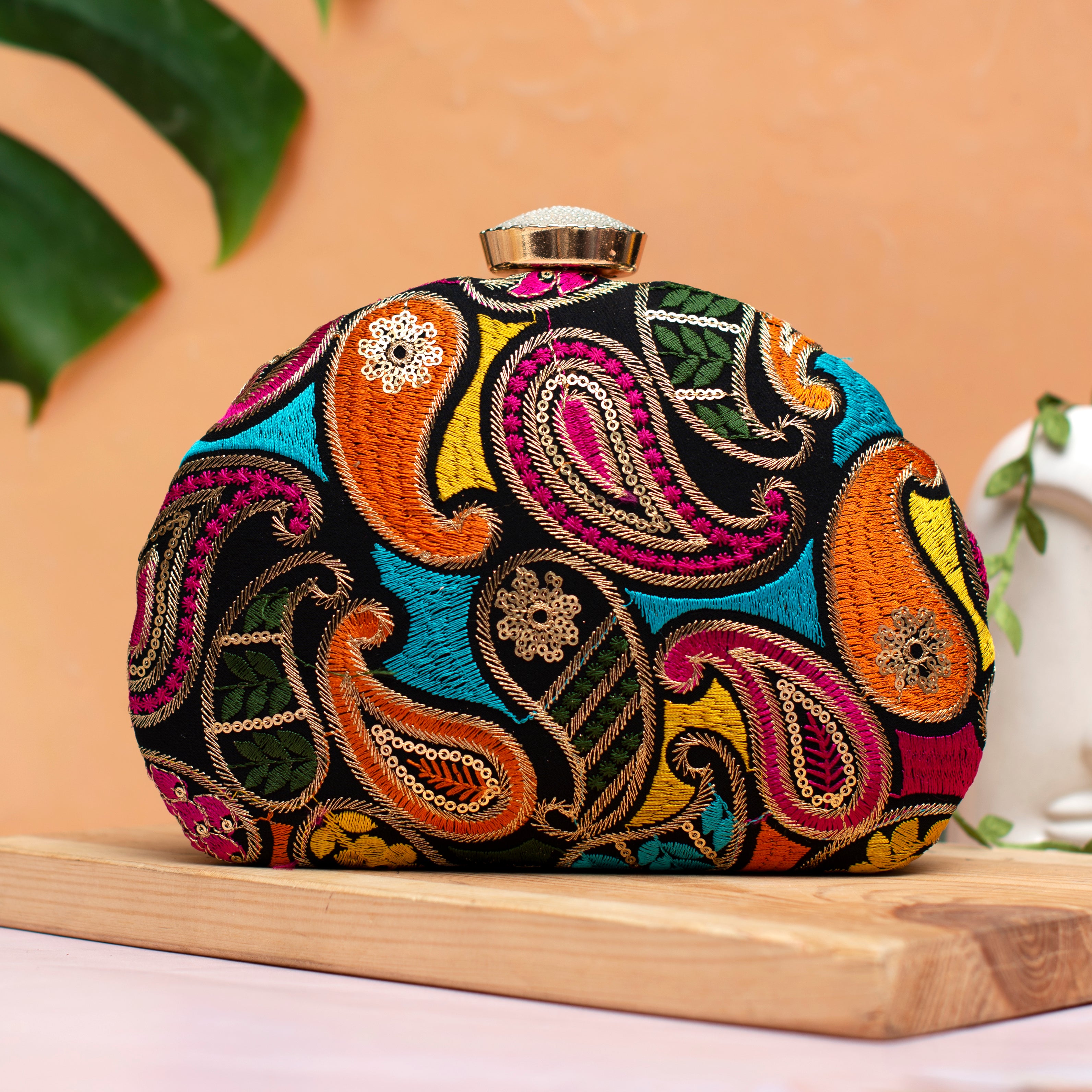 Multicolor Thread Embroidery Half Moon Clutch