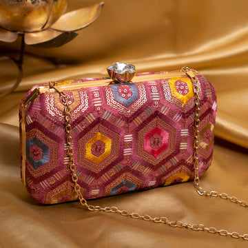 Pink Rectangle Sequins Embroidery Clutch