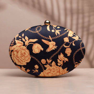 Black Based Floral Printed Oval Clutch