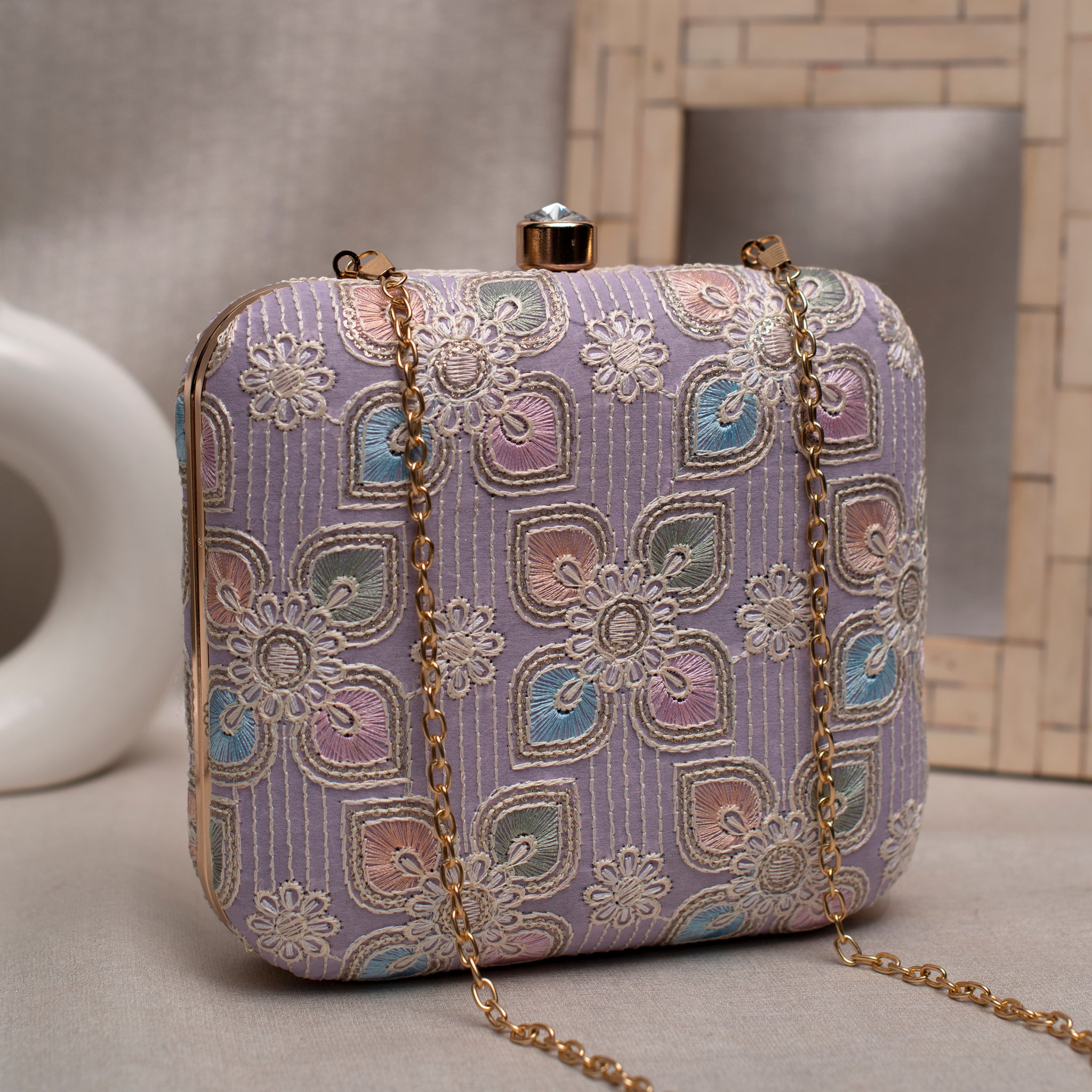 Lavender Floral Thread Embroidery Clutch