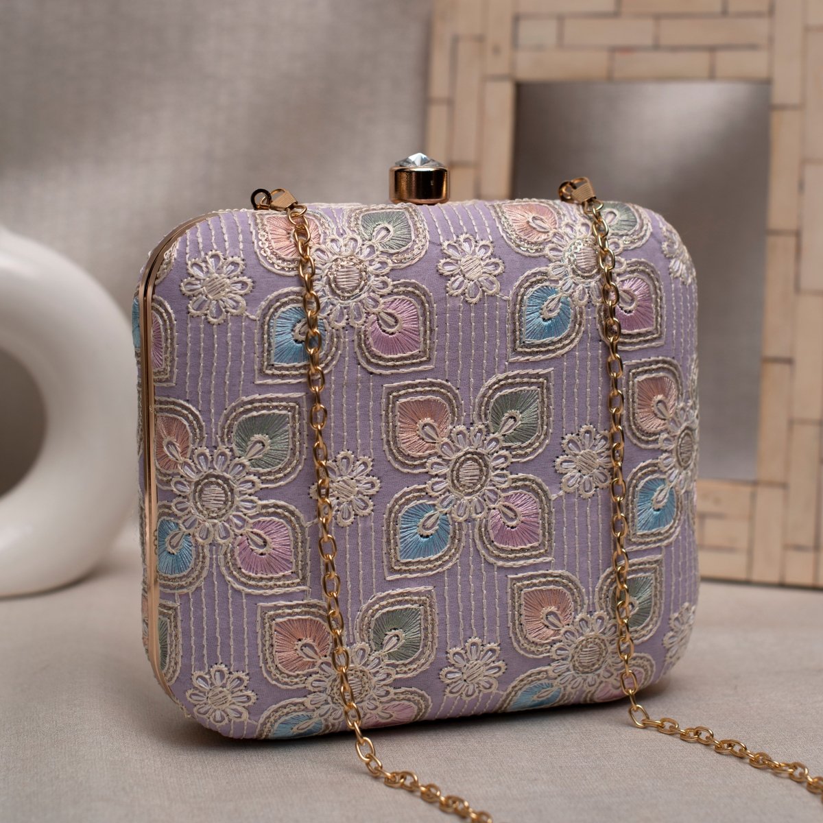 Lavender Floral Thread Embroidery Clutch