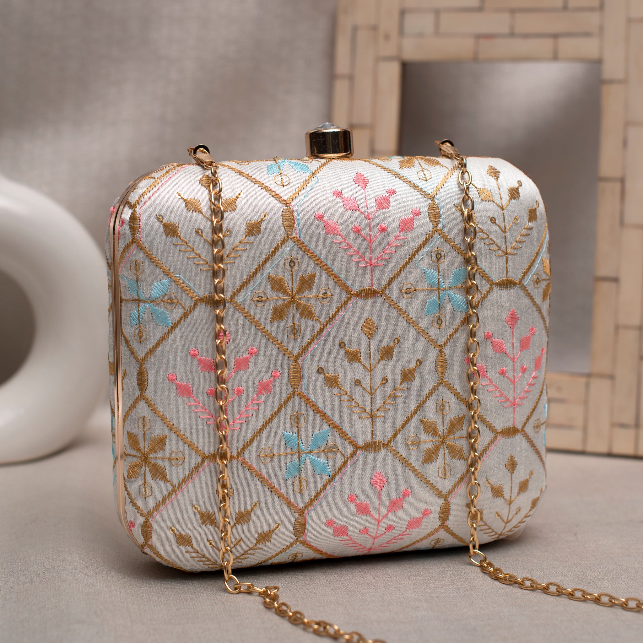 Grey And Golden Thread Embroidery Clutch