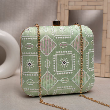 Green And White Thread Embroidery Clutch