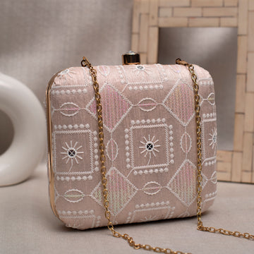 Pink And White Thread Embroidery Clutch