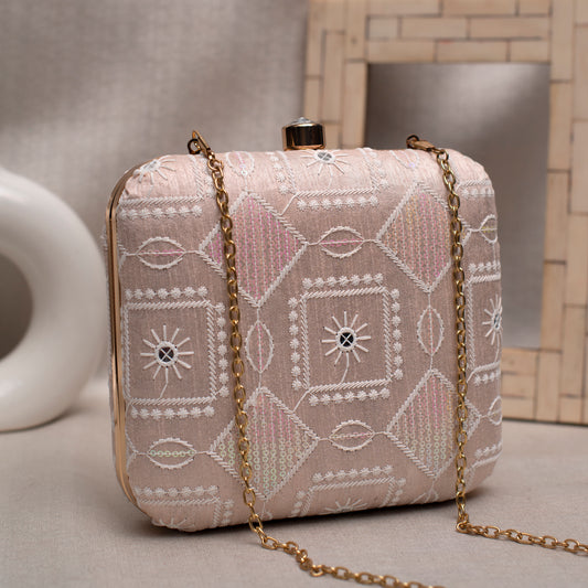 Pink And White Thread Embroidery Clutch