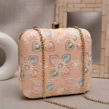 Peach Floral Thread Embroidery Clutch